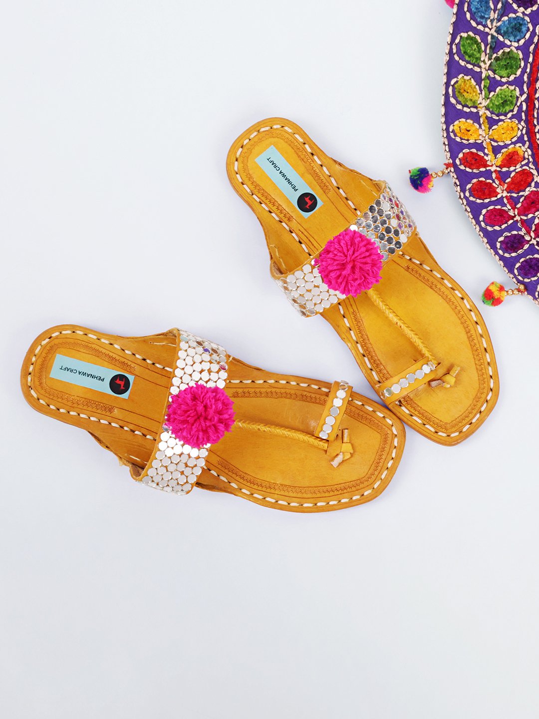 Mirror with Pompom Kolhapuri x Mirror Embellishment