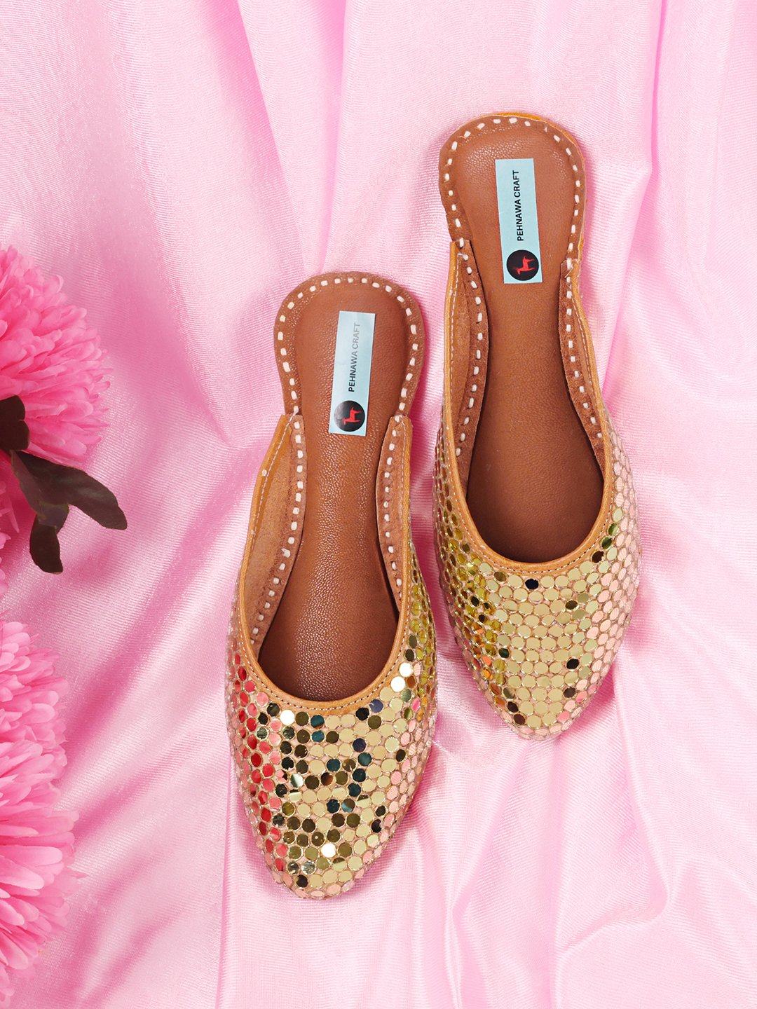 Diva Golden Mirror Mule | Half open gold jutti