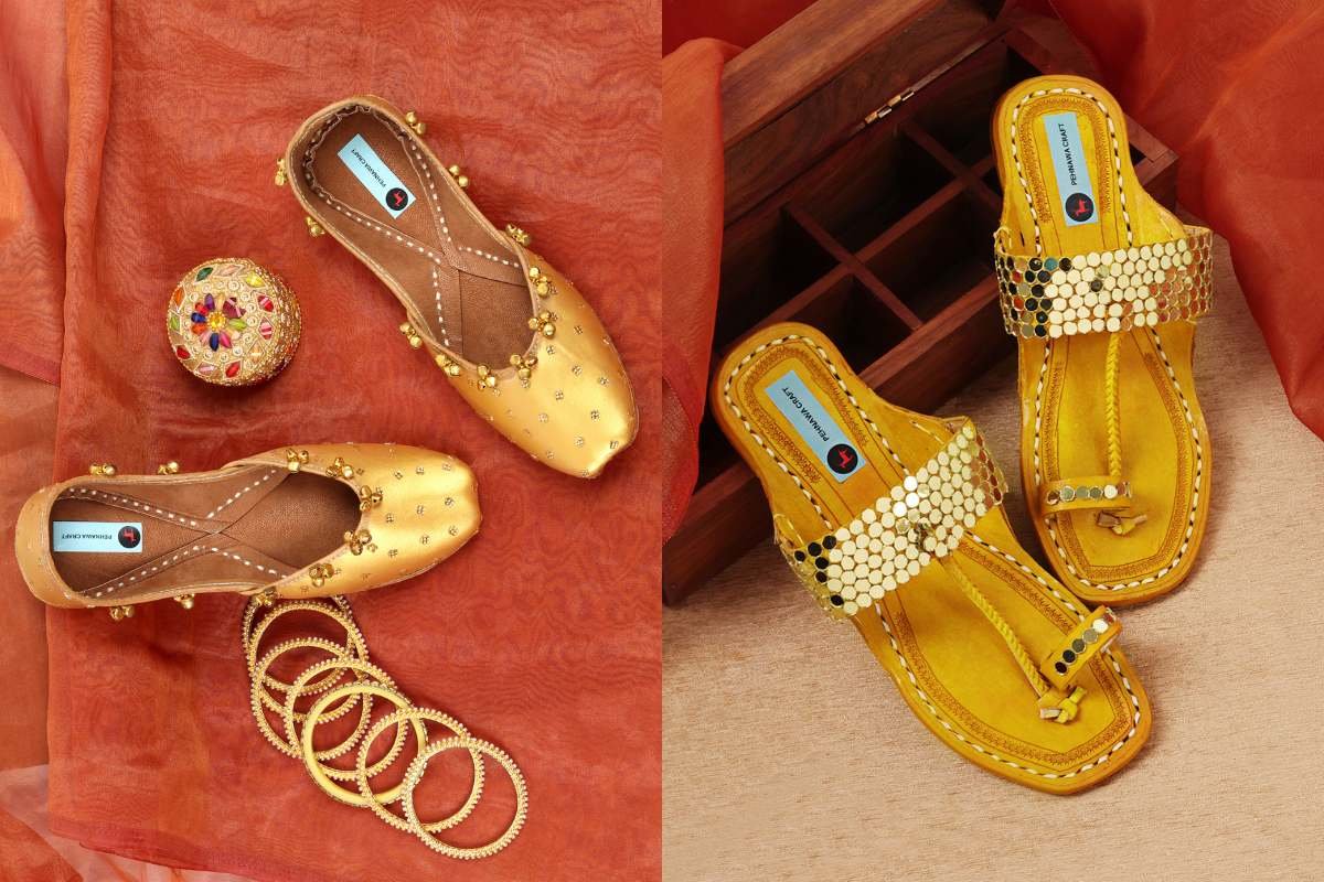 Gold Ghungroo Jutti & Gold Mirror Kolhapuri Combo | One Punjabi Jutti + One Kolhapuri | Traditional Combo